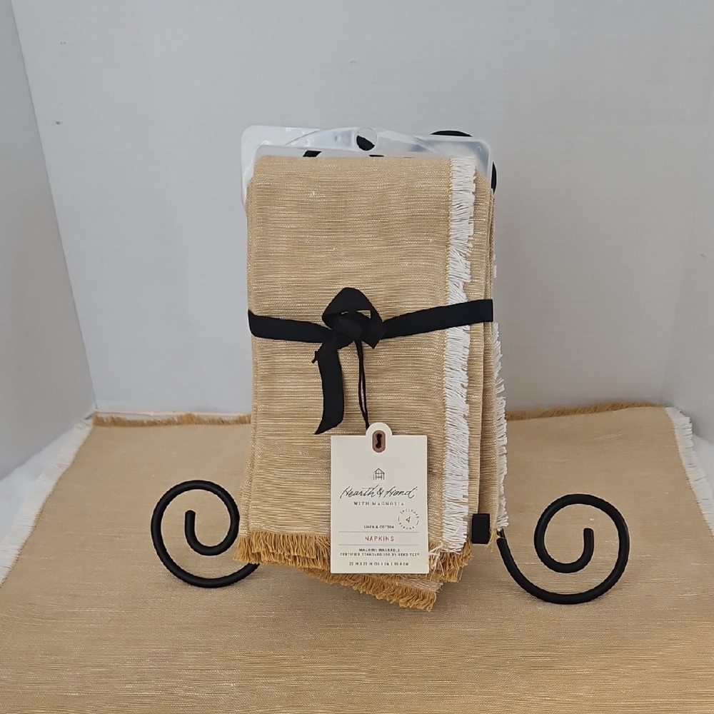Hearth & Hand NWT Linen Cotton Harvest Gold & White Fringe Hem Set of 4 Napkins